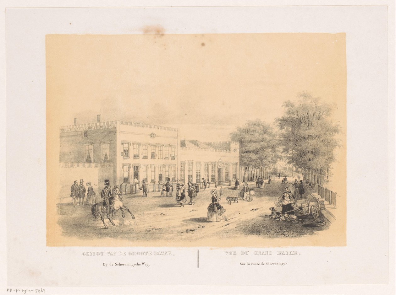 Utsikt över Groote Koninklijke Bazar i Haag Utsikt över Grote Bazar på Scheveningsche Weg (titel på objekt) av Hendrik Wilhelmus Last