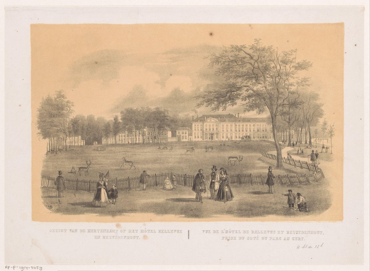 Utsikt över hjortparken i Haag Utsikt över hjortparken vid hotellet Bellevue en Bezuidenhout (titel på objektet) av Hendrik Wilhelmus Last