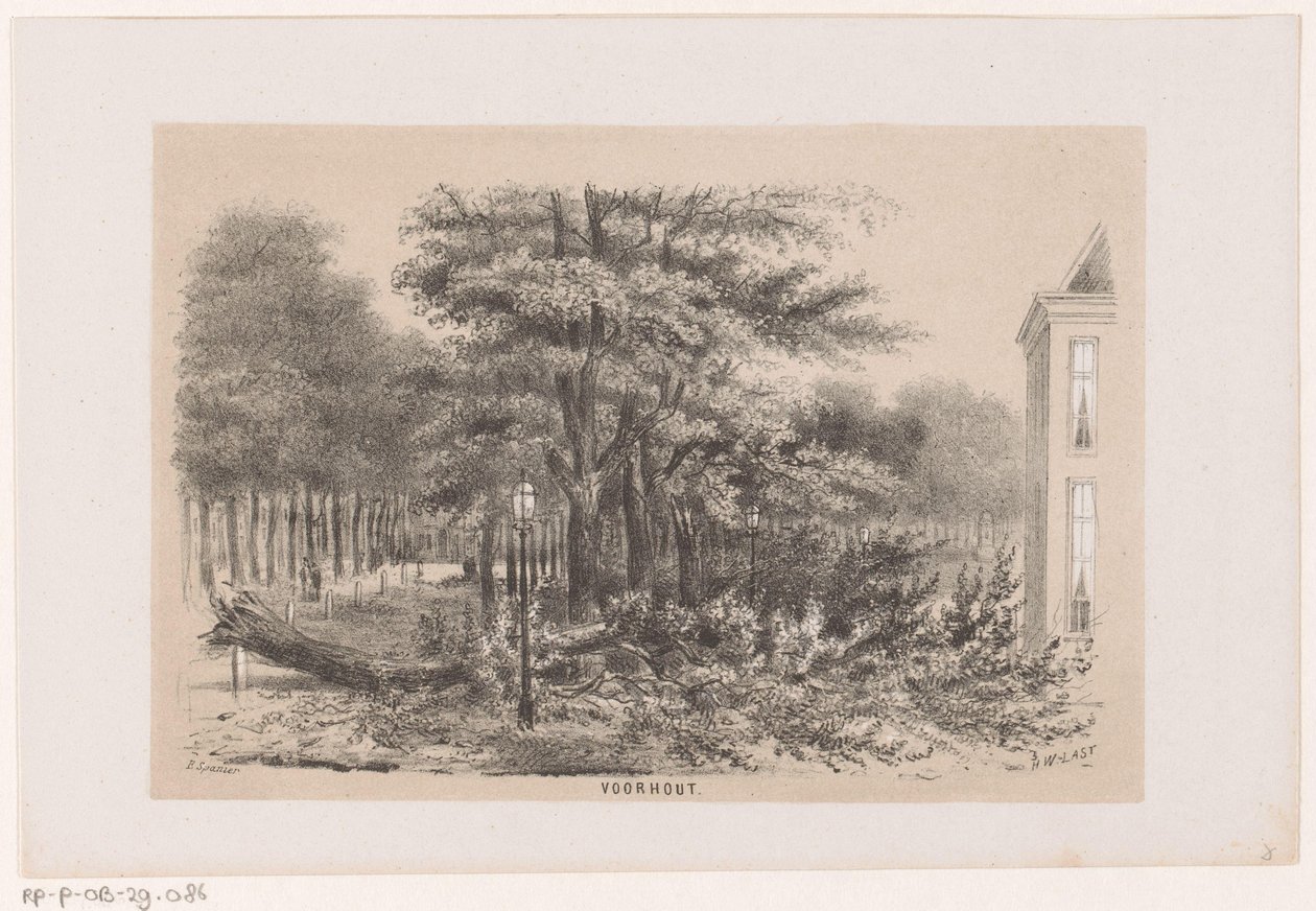 Träd som blåste ner nära Voorhout, efter stormen den 28 maj 1860 Voorhout (titel på objekt) Album med tio litograferade skisser, föreställande Tooneelen of the Destruction, upprörd av stormen den 28 maj 1860 i 