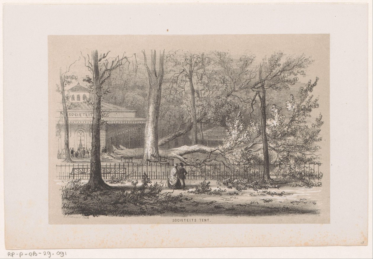 Träd som blåste ner på klubben, efter stormen den 28 maj 1860 Socialt tält (titel på objekt) Album med tio litograferade skisser, föreställande Tooneelen of the Destruction, upprörd av stormen den 28 maj 1860 i 