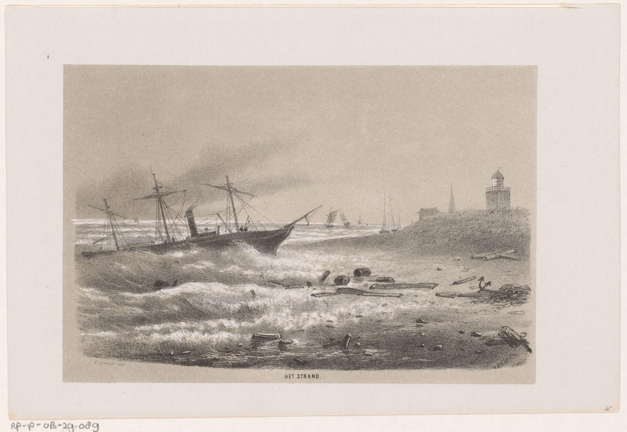 Fartyg i problem på stranden under stormen den 28 maj 1860 The Beach (titel på objekt) Album med tio litograferade skisser, föreställande Tooneelen of the Destruction, agiterad av stormen den 28 maj 1860 i 