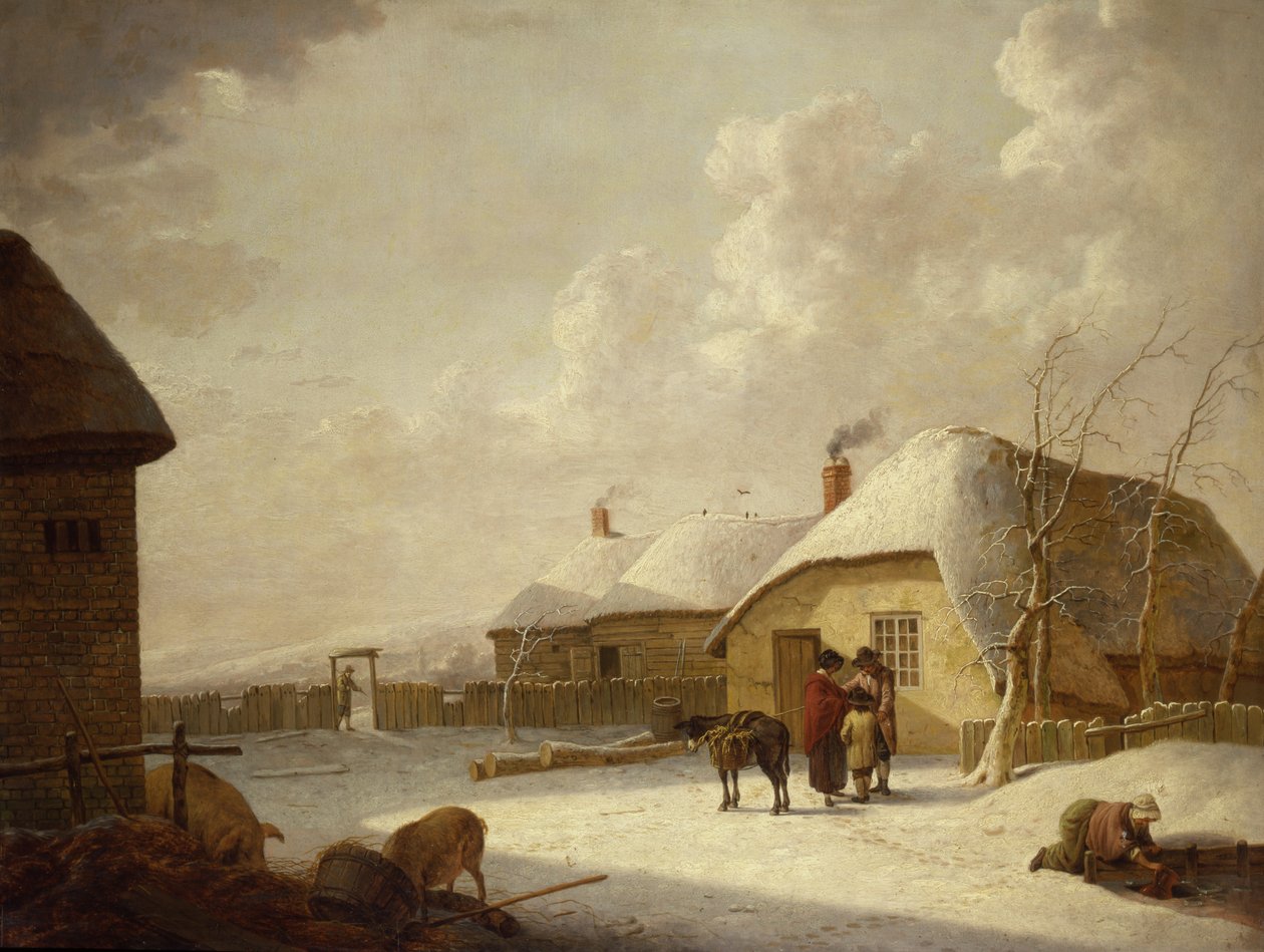 Figurer utanför en stuga i snön av Hendrik Willem Schweickardt