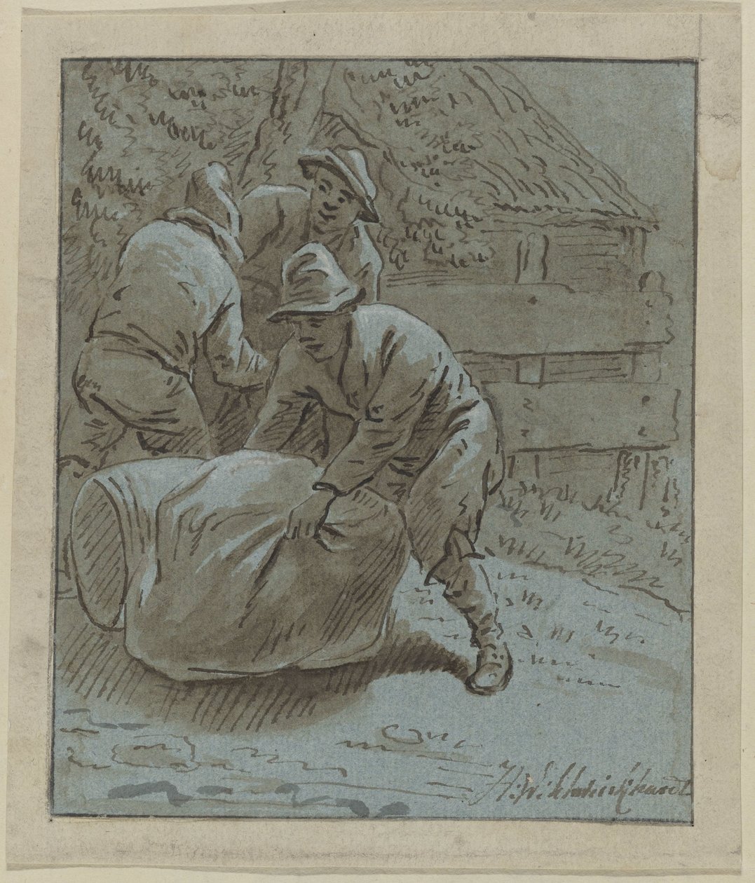 Tre män i ett landskap med en liggande tunna och en väska av Hendrik Willem Schweickhardt (signed by artist)