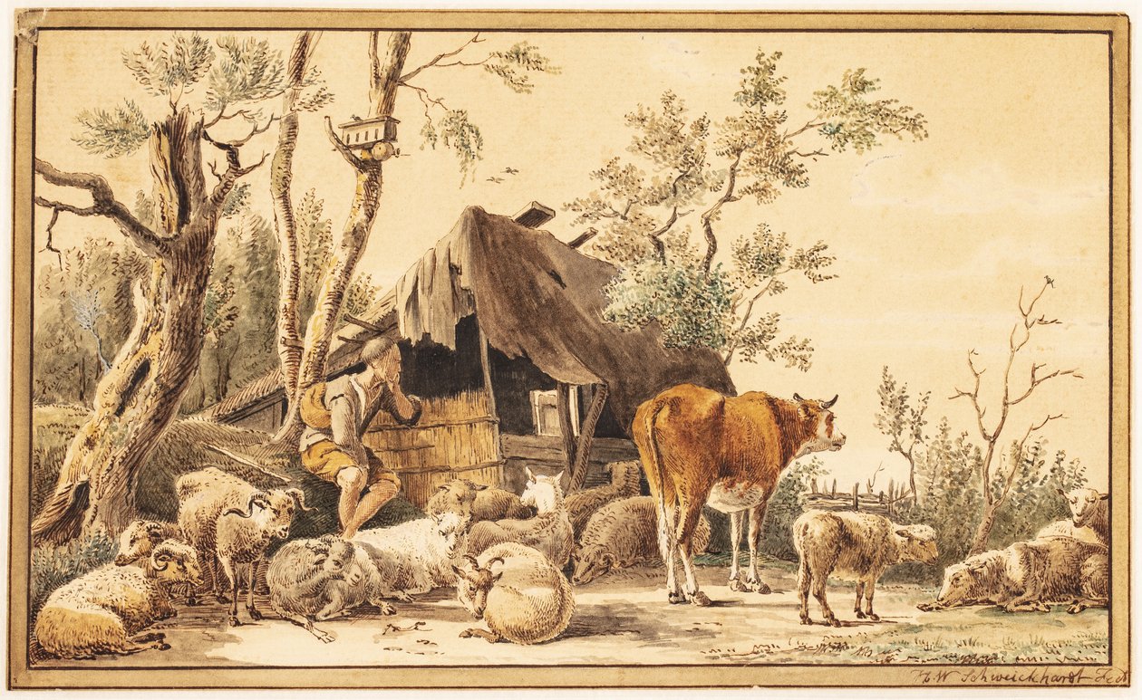 En herde med sin hjord vid ett skjul av Hendrik Willem Schweickhardt