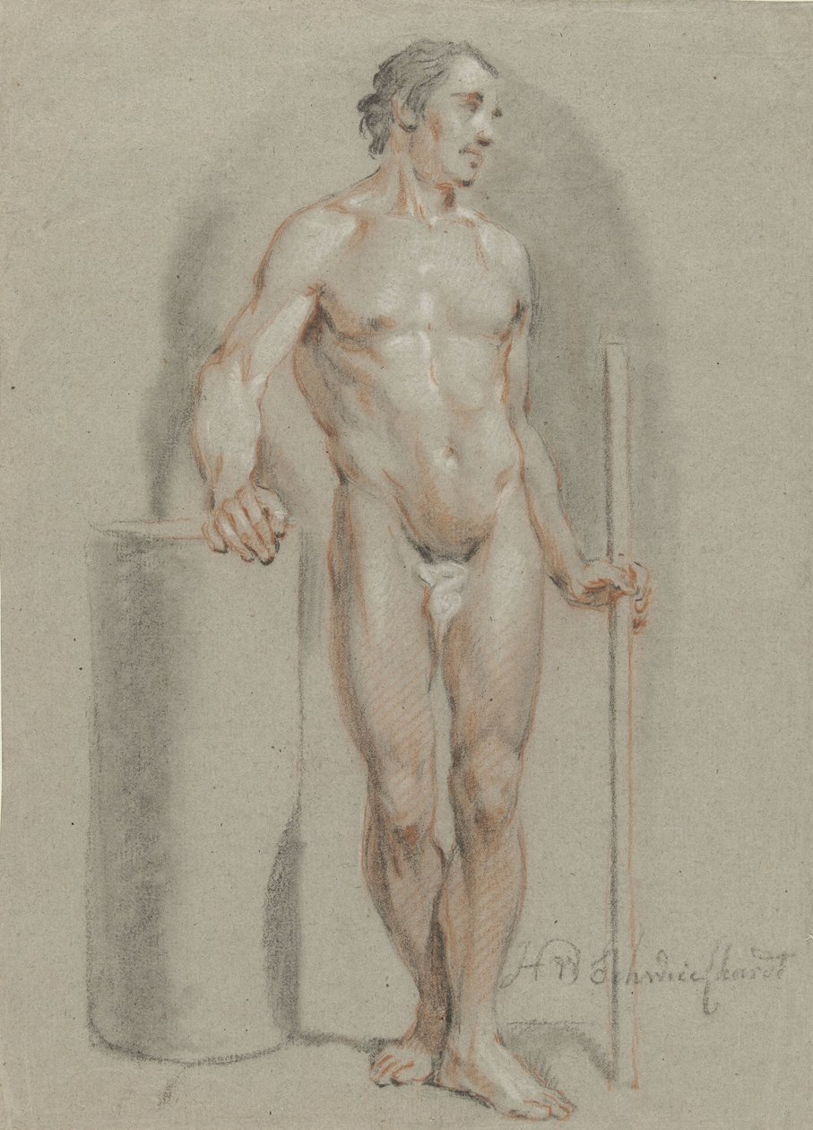 Stående manlig naken, med en pinne i handen, lutad mot en studiocylinder av Hendrik Willem Schweickhardt