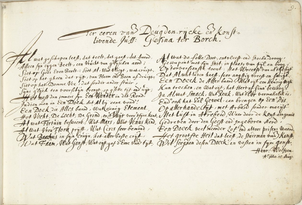 Hymn till Gesina ter Borchs ära Till ära för den Deugden-rijcke och den Konstlivende Juff: Gesina ter Borch (titel på objekt) av Hendrik Wolfsen (signed by artist)