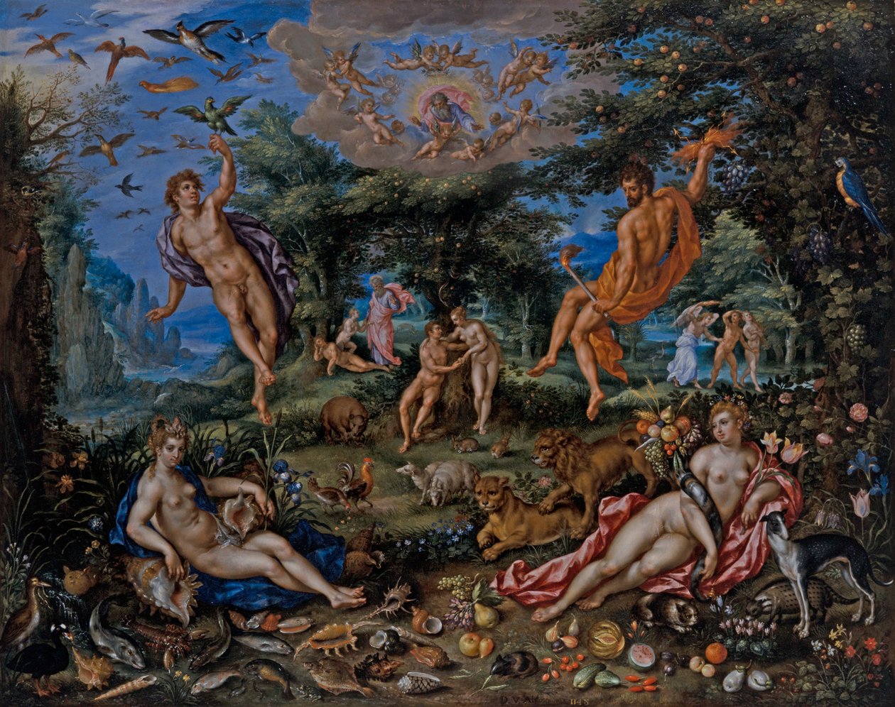 De fyra elementen, med scener från Genesis Beyond av Hendrik de & Alsloot Denis van Clerck
