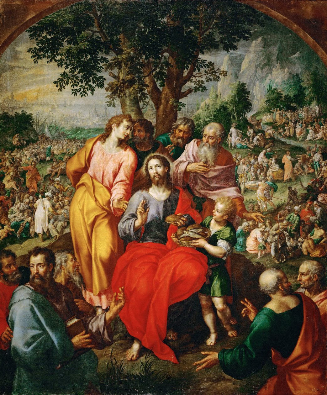 Miraklet med de fem bröden och två fiskarna (The Multiplication of the Loaves) - Miraklet med de fem bröden och två fiskarna, av Clerck, Hendrick, de (ca 1560-1630). Olja på duk, ca 1590. Storlek: 203x167 cm. Konsthistoriska museet, Wien av Hendrik de Clerck