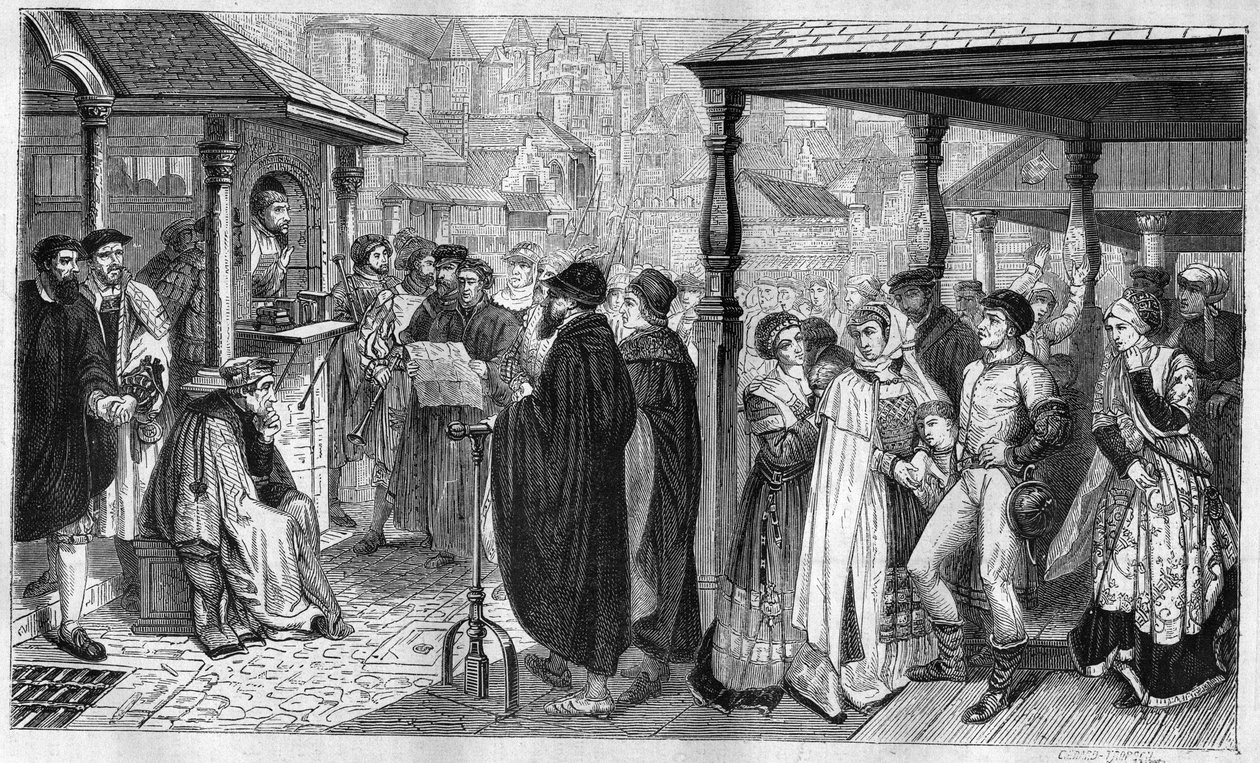 Publiceringen av Karl V:s redigeringar i Antwerpen: 1550 stadgar en lag att alla som är övertygade om kätteri kommer att bli brulee eller begravd levande, eller halshuggen. Gravyr från 1866-1867 baserad på målningen av Baron Henri Leys (1815-1869). av Hendrik or Henri Leys