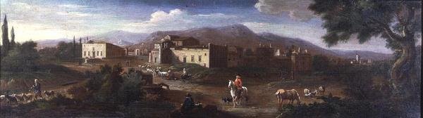 Ett kloster i den romerska Campagna av Hendrik van (studio of) Lint