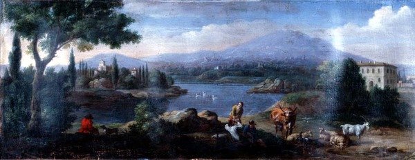 Italienskt landskap, med koherdar som vilar av Hendrik van (studio of) Lint