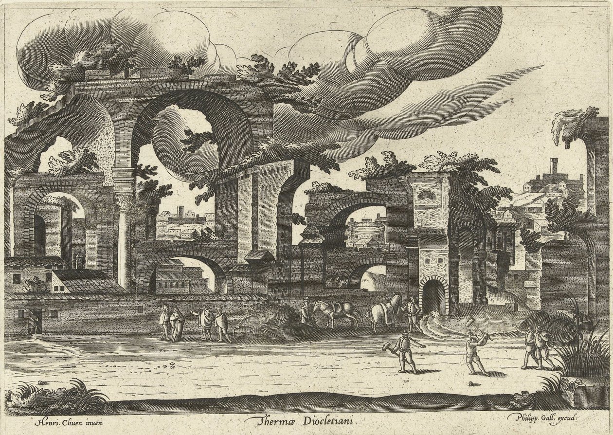 Ruinerna av Diocletianus bad från sidan med två män som spelar krocket i förgrunden, 1585. av Hendrik van Cleve III