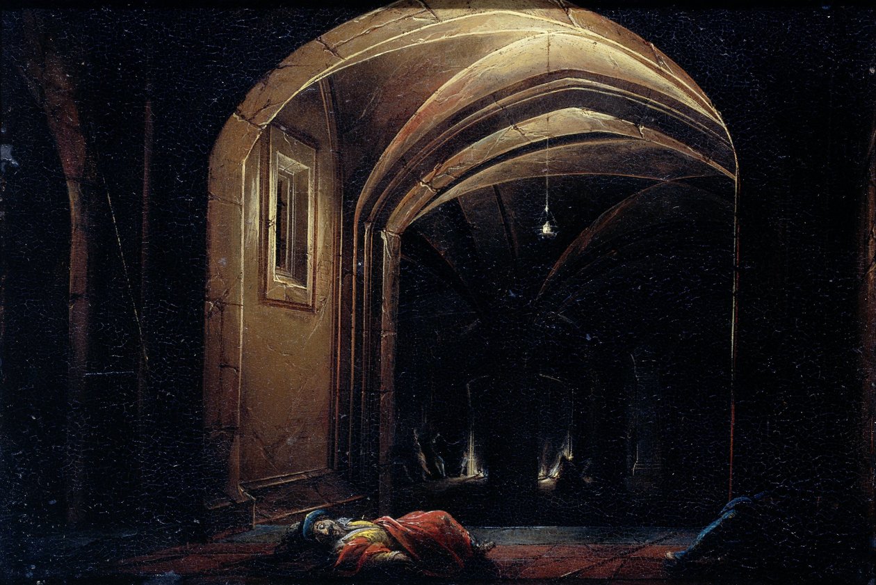 Män som sover i ett rum med upplysta valv av Hendrik van Steenwijck (I) (possibly)