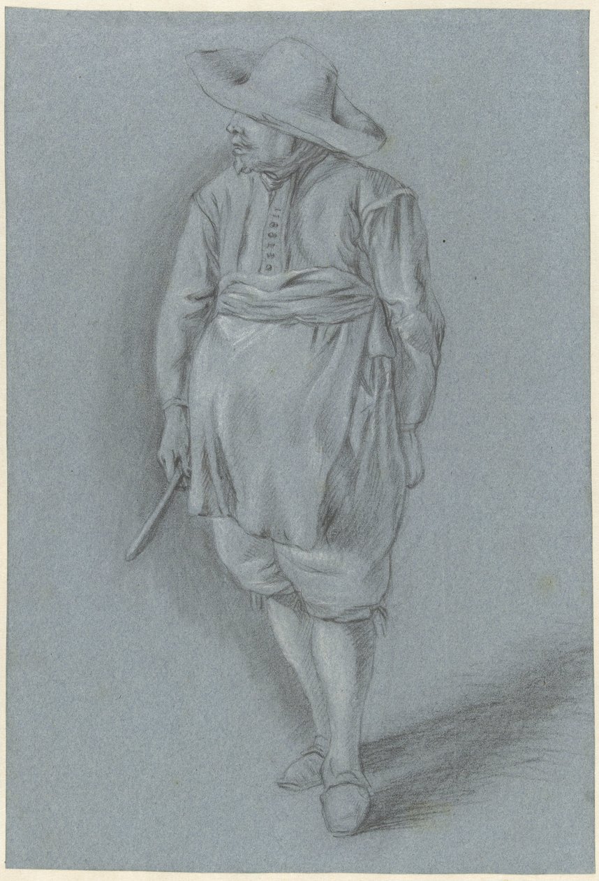 Man i 1600-talsklänning med hatt, förkläde och kniv av Hendrik van Velthoven (attributed to)