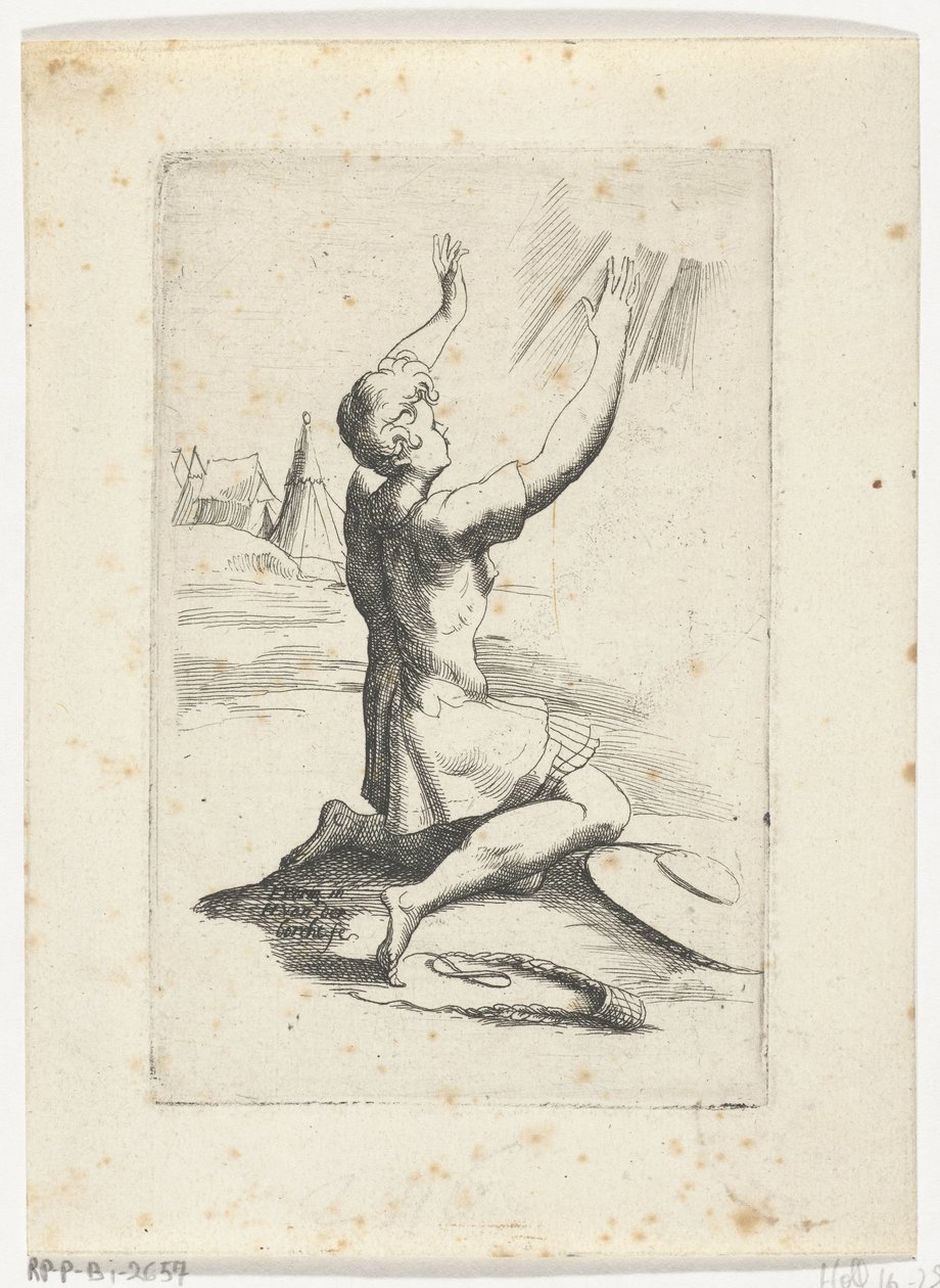 Knielende David Häfte med olika figurer designade av Fran. parmensis et konserverad i Arondelyna-samlingen, 1638 (serietitel) av Hendrik van der Borcht (II)