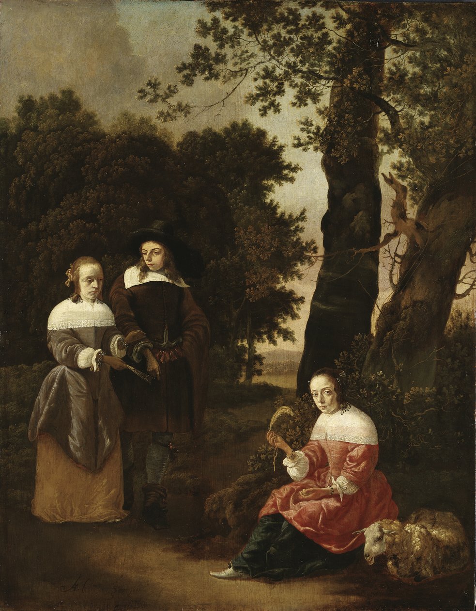 Ett par och en herdinna i ett landskap, 1661 av Hendrik van der Burgh