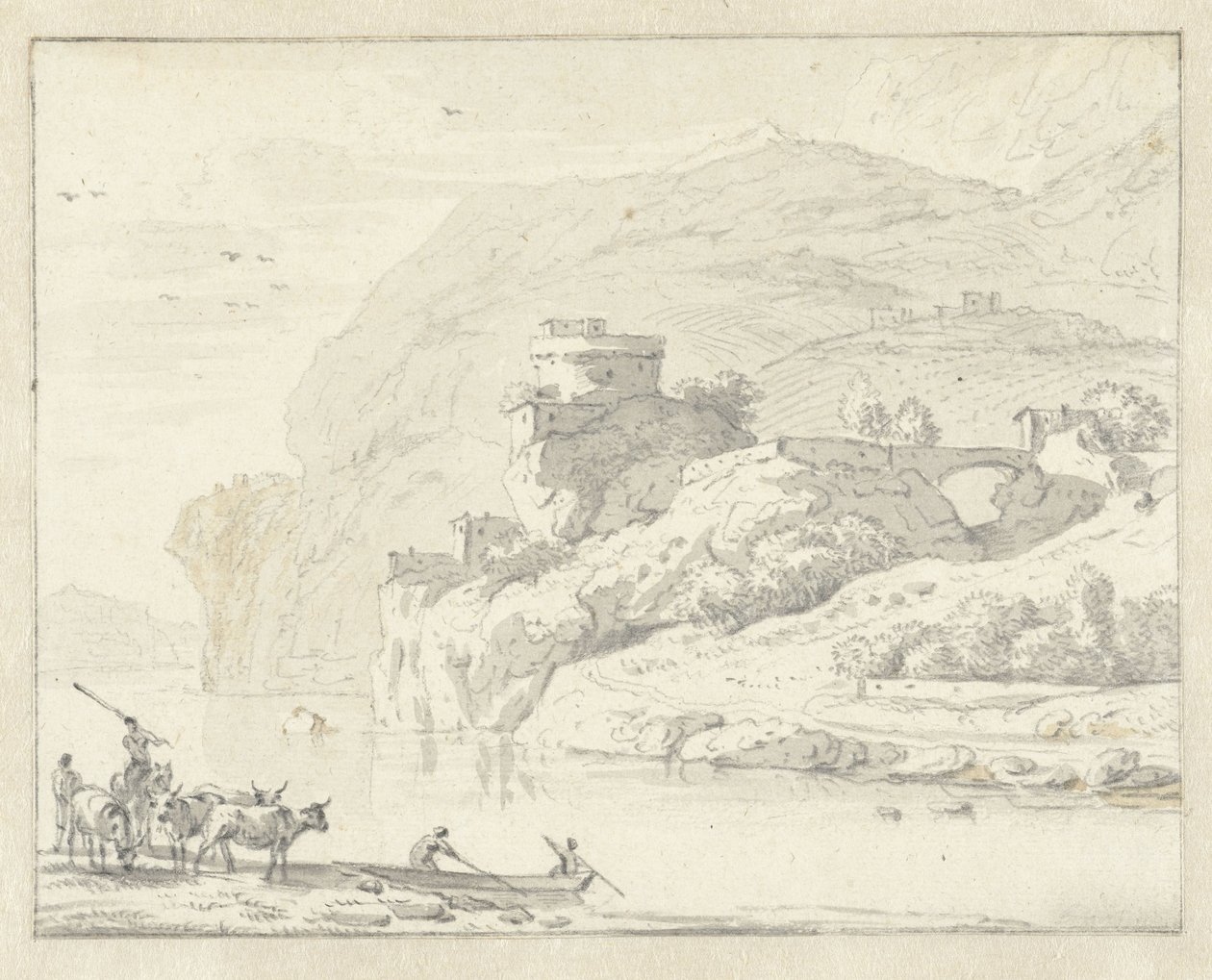 Italienskt bergslandskap med herdar och boskap och två figurer i en båt som korsar floden av Hendrik van der Straaten (attributed to)