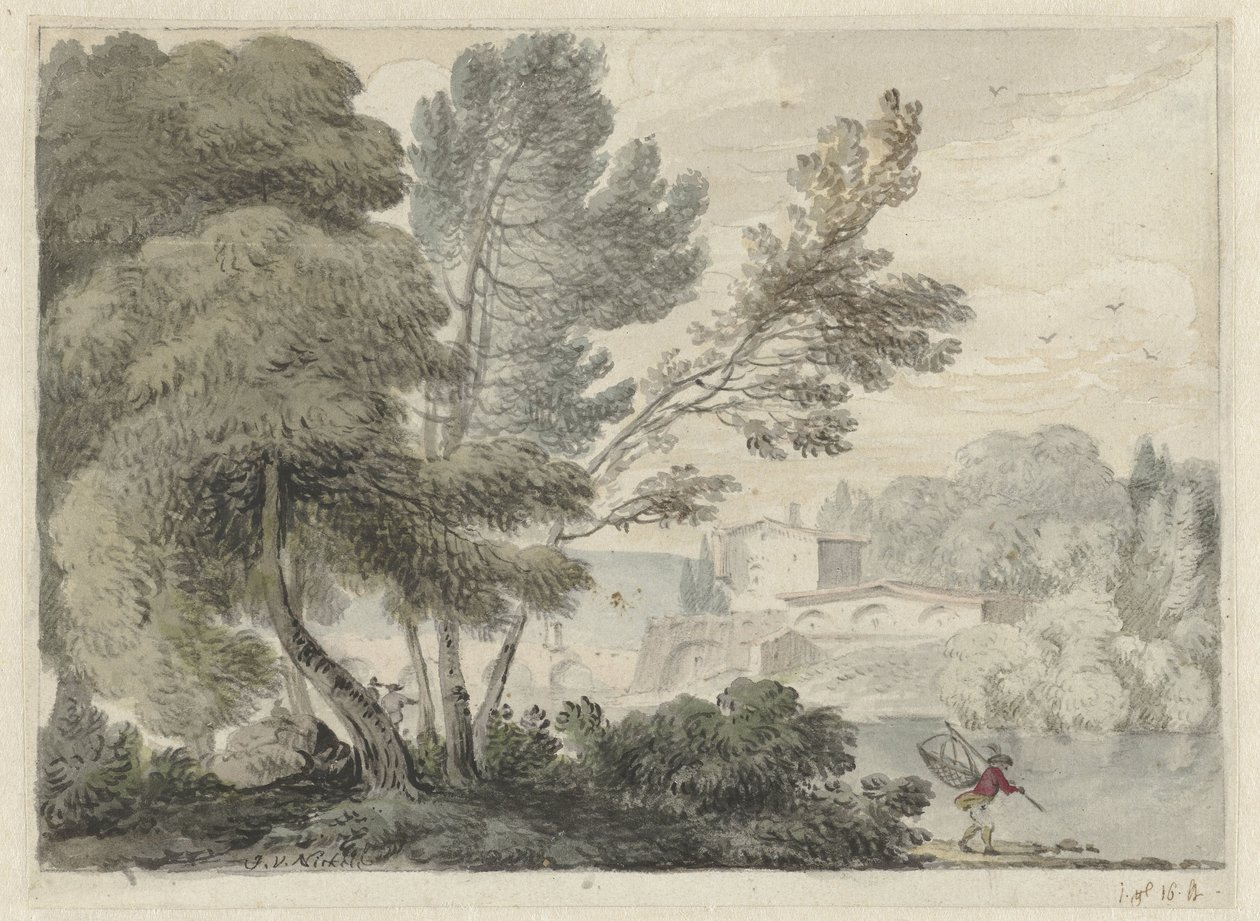 Flodlandskap med en man med ett landningsnät i förgrunden av Hendrik van der Straaten (possibly)