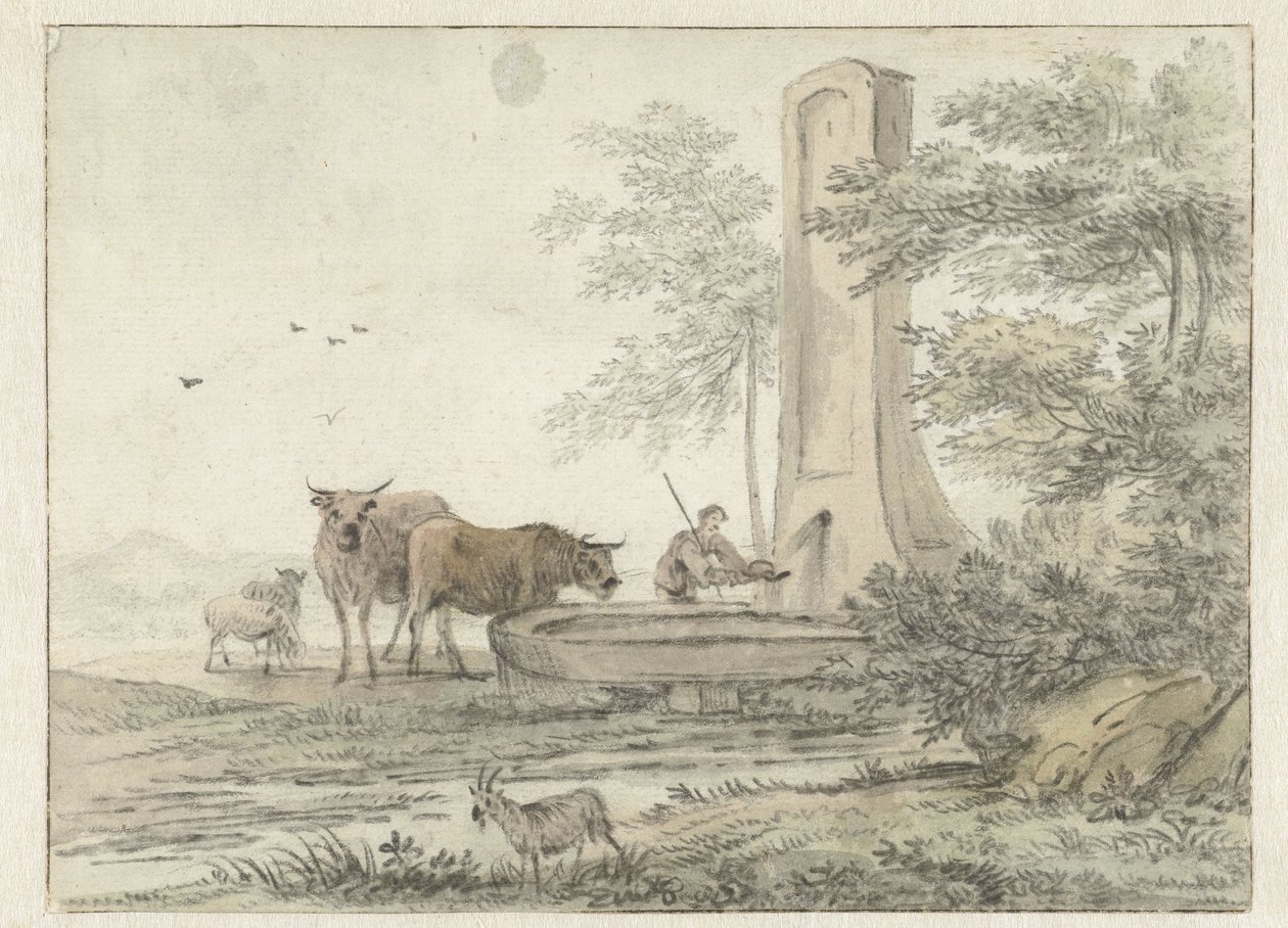 Italienskt landskap med herder och hans boskap och får vid en fontän av Hendrik van der Straaten
