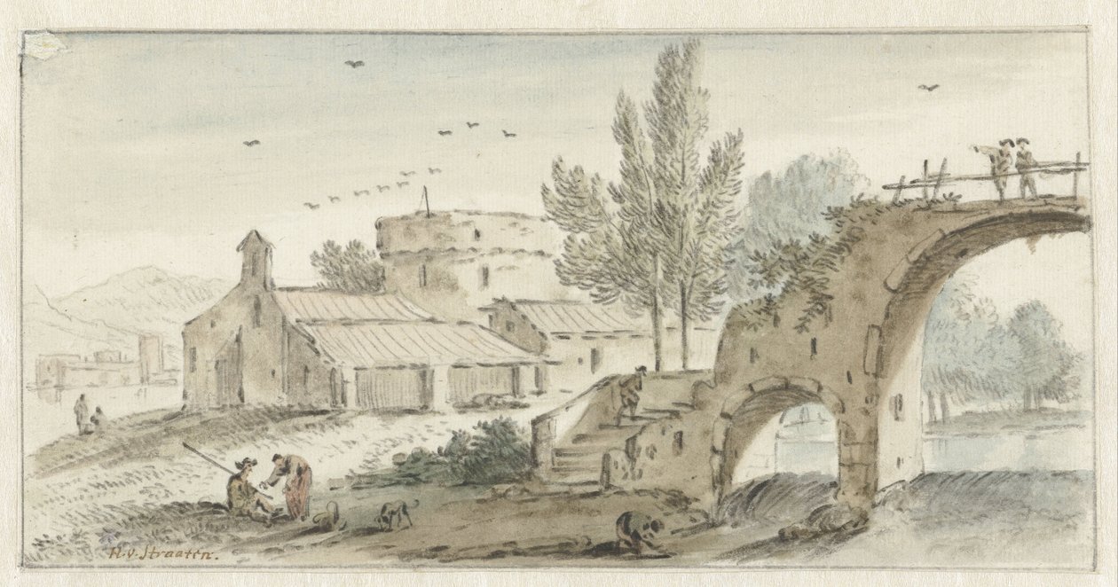 Italienskt landskap med en stenbro av Hendrik van der Straaten