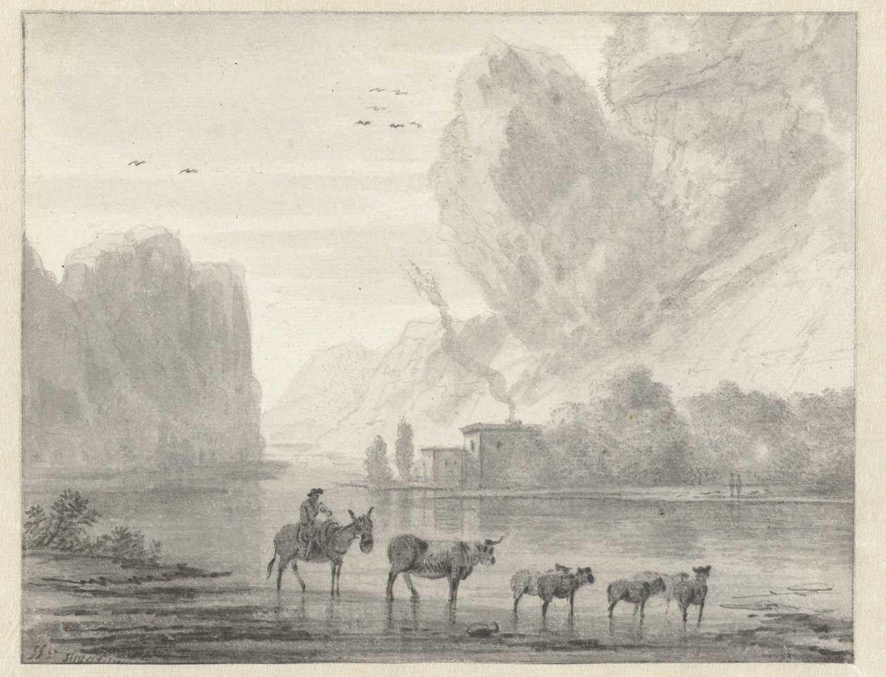 Rocky River Landskap med en herder med sin boskap och får av Hendrik van der Straaten