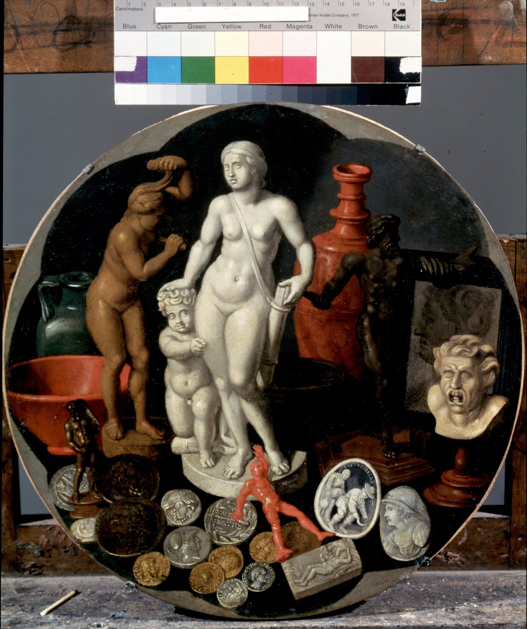 ""Still Life with a Collection of Curiosities"" (Still Life with a Collection of Curiosities) Konstnärens samling av ovanliga föremål inklusive en marmorstaty av Diana, medaljer, små skulpterade föremål. Målning av Hendrik van der av Hendrik van der the younger Borcht