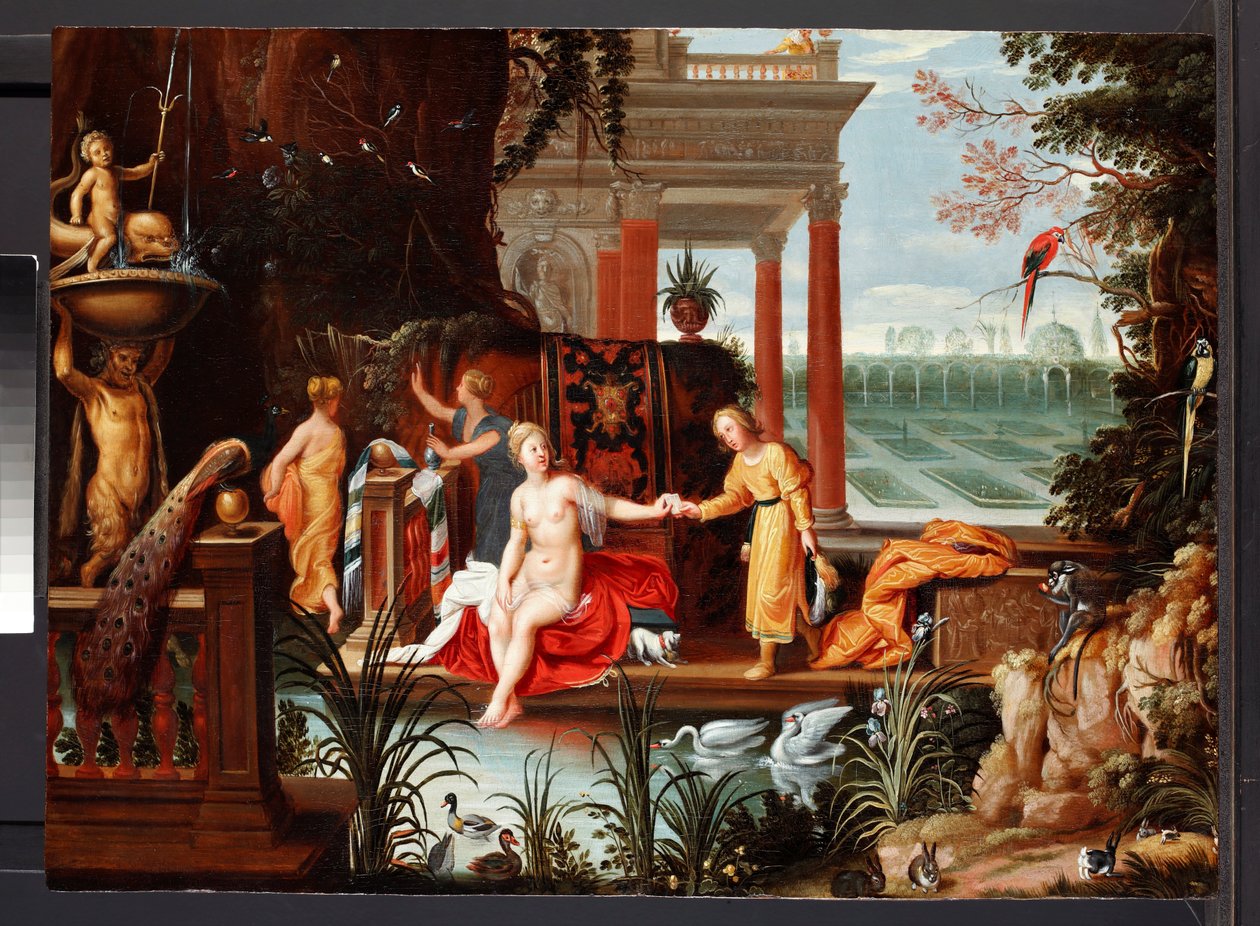 Bathsheba vid poolen med hennes skötare, ca 1600-42 (olja på panel) av Hendrik van the Elder (circle of) Balen