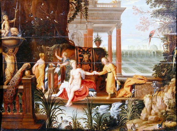 Bathsheba vid poolen med hennes skötare (olja på panel) av Hendrik van the Elder Balen