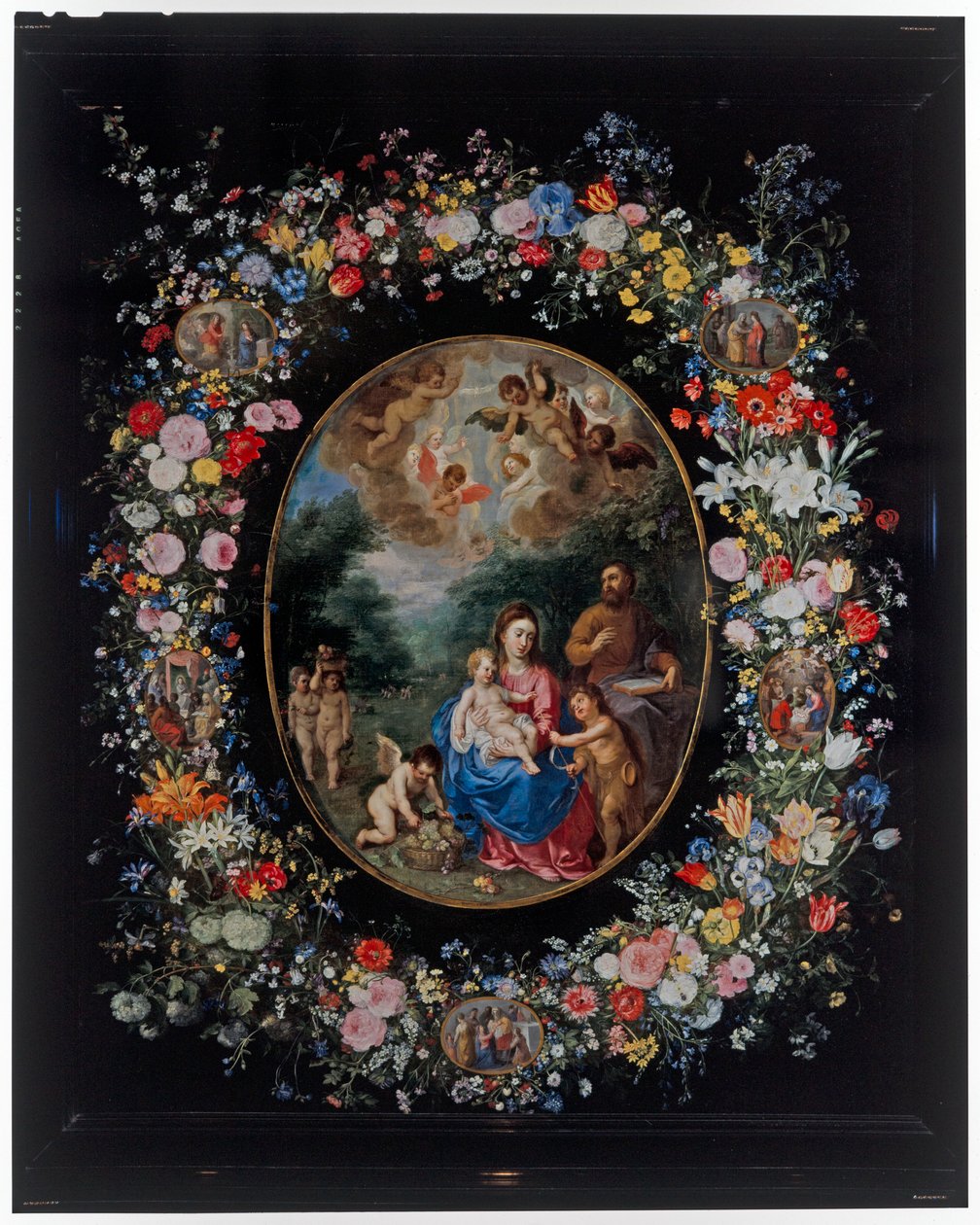 Den heliga familjen och spädbarnet Johannes döparen och änglarna i ett landskap av Hendrik van the Elder Balen