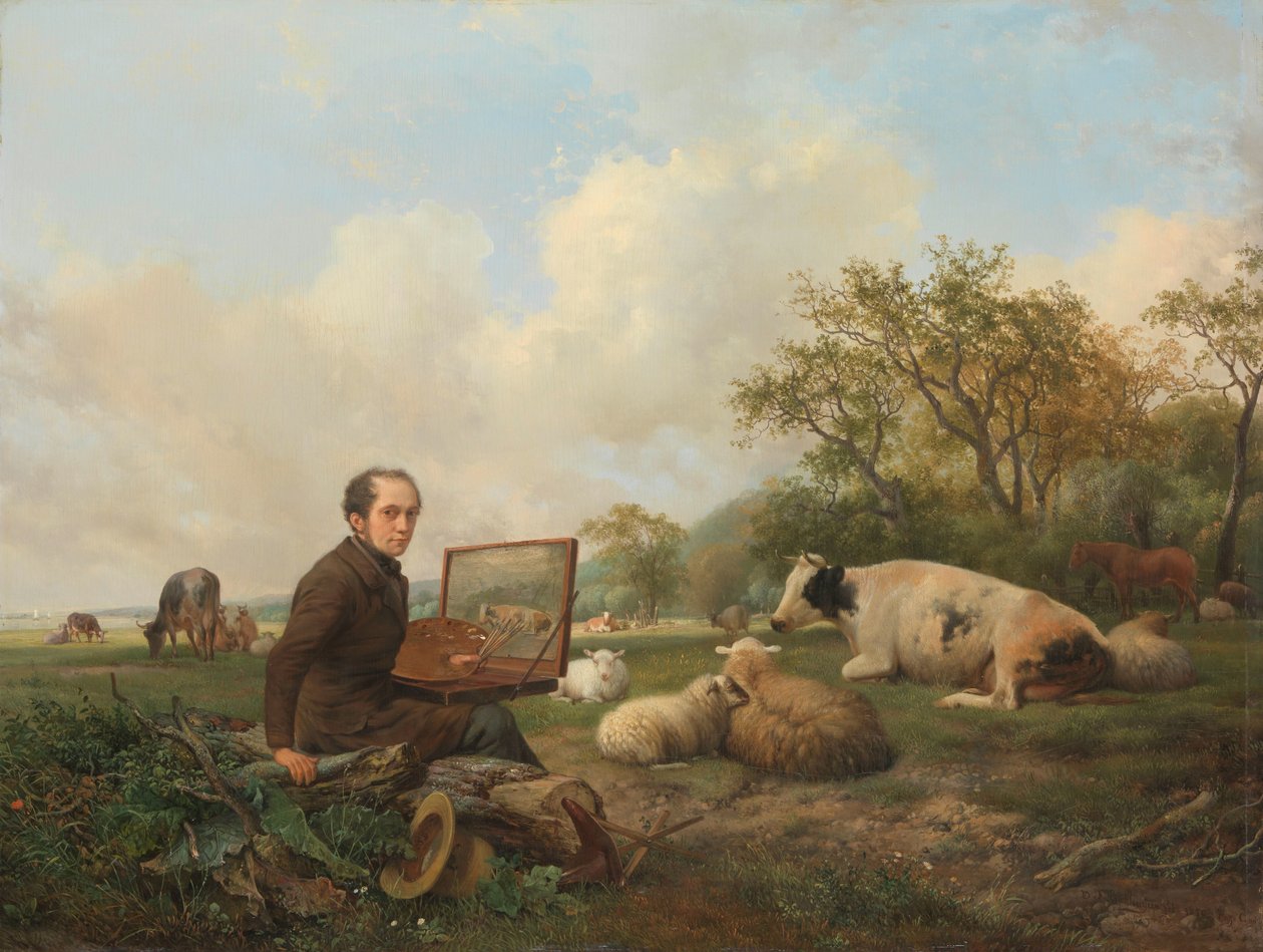 Konstnären målar en ko på en äng av Hendrikus van de Sande Bakhuyzen (signed by artist)