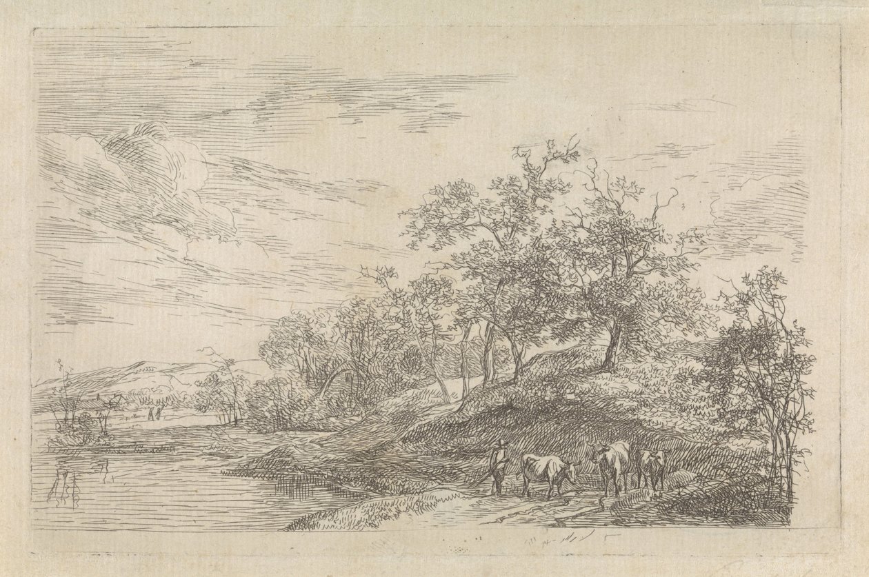 Kuperat landskap med en herde med kor av Hendrikus van de Sande Bakhuyzen