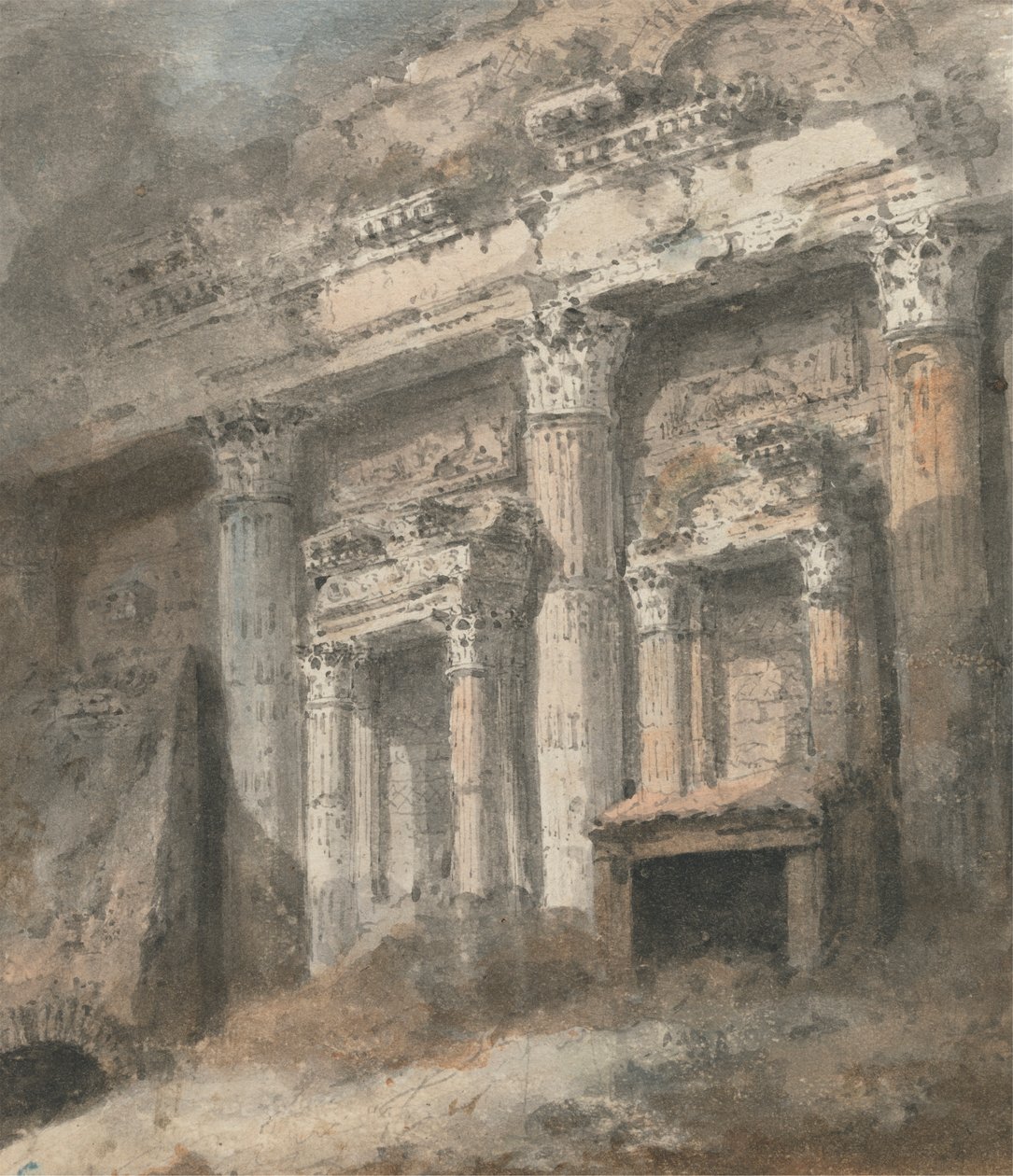 Fasad av förstörda (?) Romerska templet, med kolumner och dörröppning av Heneage Finch fourth Earl of Aylesford