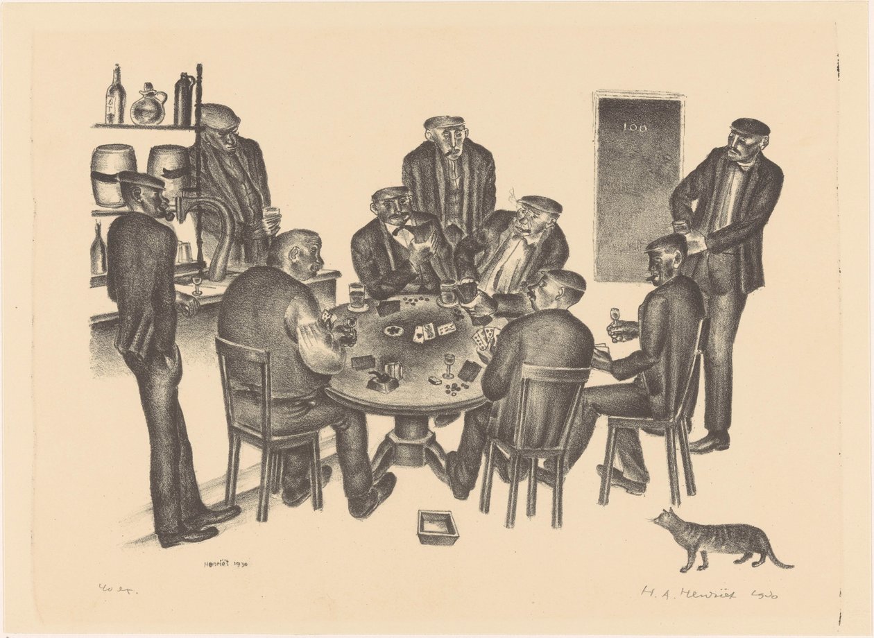 Kortspelande män i en bar av Henk Henriët (signed by artist)