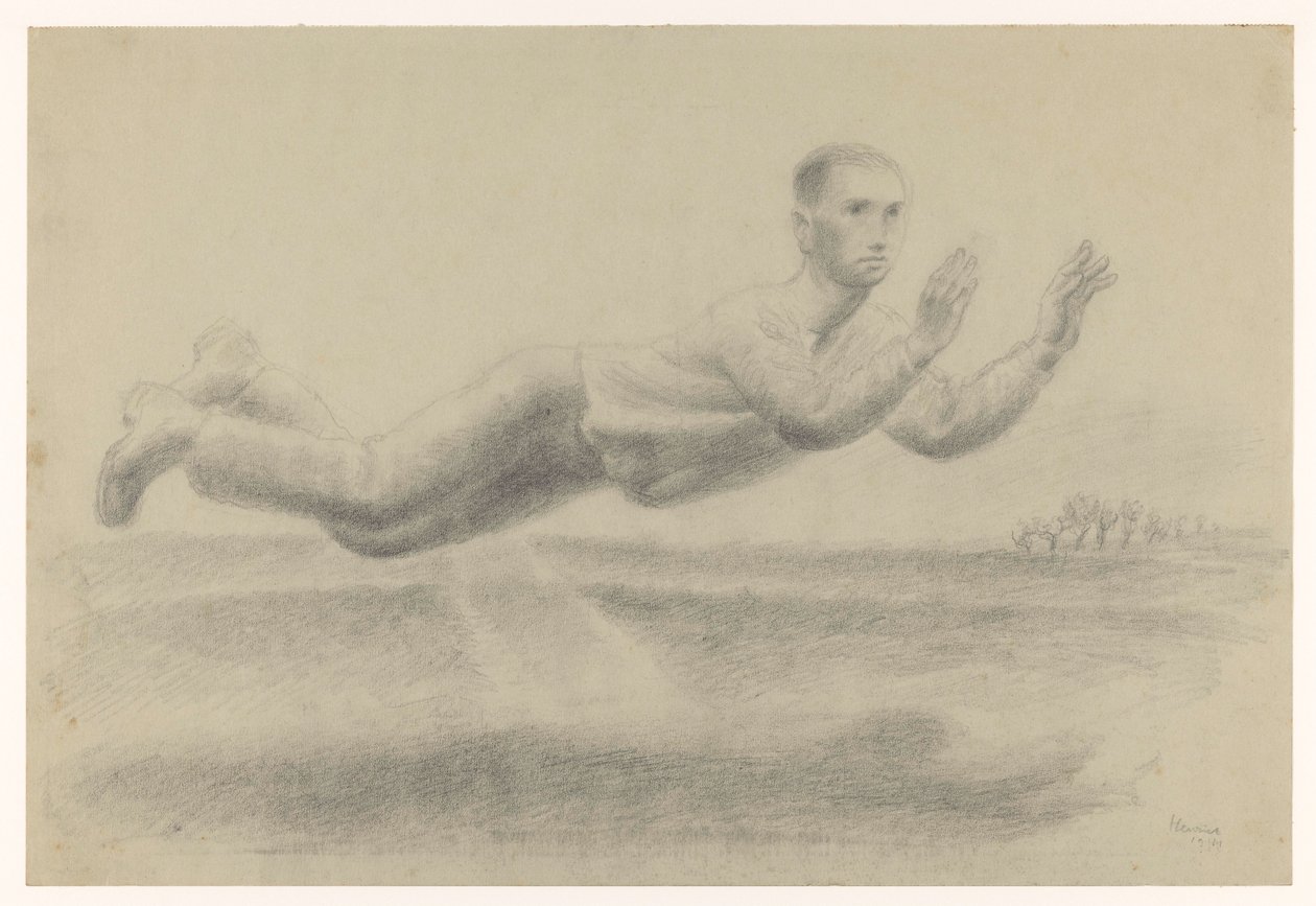 Självporträtt med upphöjda händer svävande i ett landskap av Henk Henriët (signed by artist)