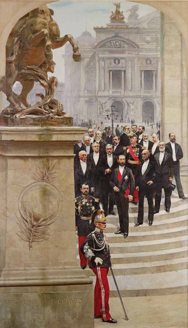 President Sadi Carnot (1837-94) och hans regering framför Opera de Paris, från panoramat i "The History of the Century", 1889. av Henri Gervex