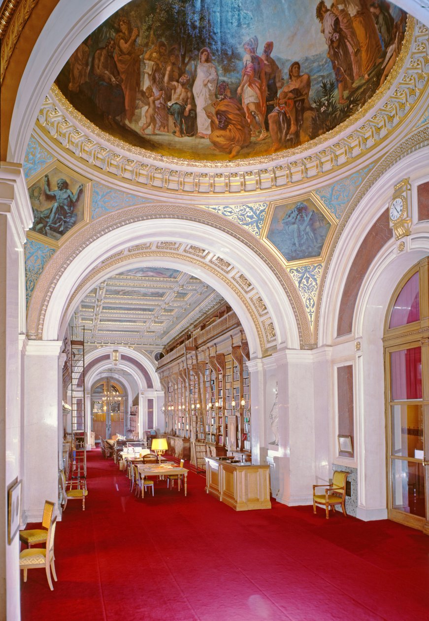 Bibliotekets insida med en kupol målad av Eugene Delacroix (1798-1863) 1847, 1836-41 av Henri Alphonse de Gisors