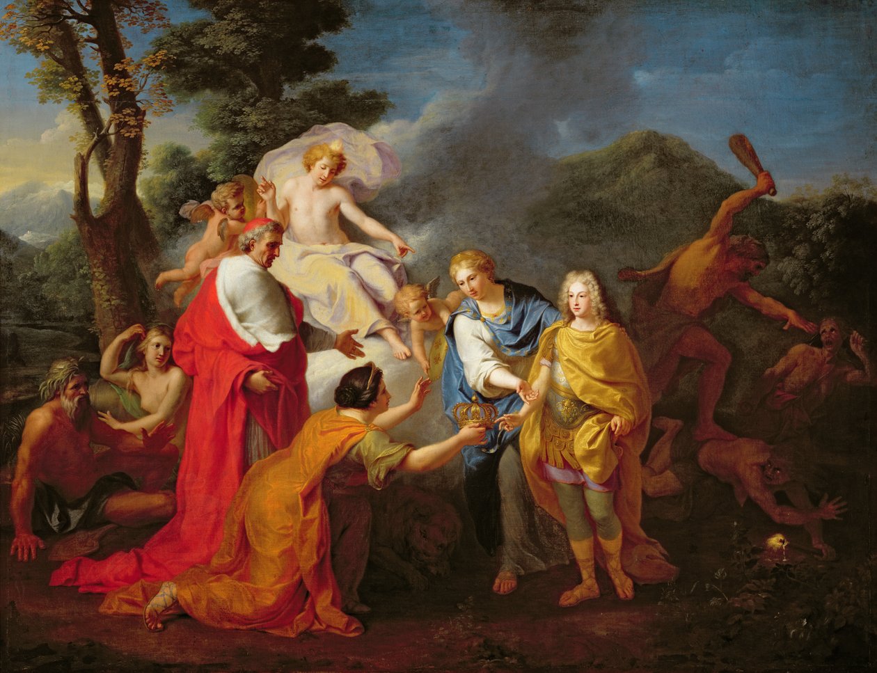 Allegori om anerkendelsen af Philippe de France (1683-1746) hertug af Anjou som konge af Spanien, 24. november 1700, før 1704 sverige av Henri Antoine de Favanne