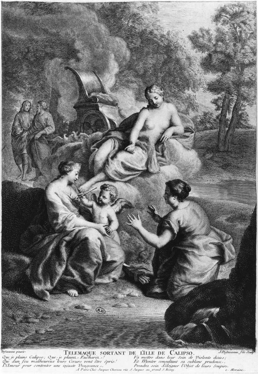 Telemachus lämnar Isle of Calypso, illustration från "The Adventures of Telemachus" av Francois de Salignac de la Mothe Fenelon (1651-1715) graverad av Jacques de Favanne (1716-1770) av Henri Antoine de Favanne