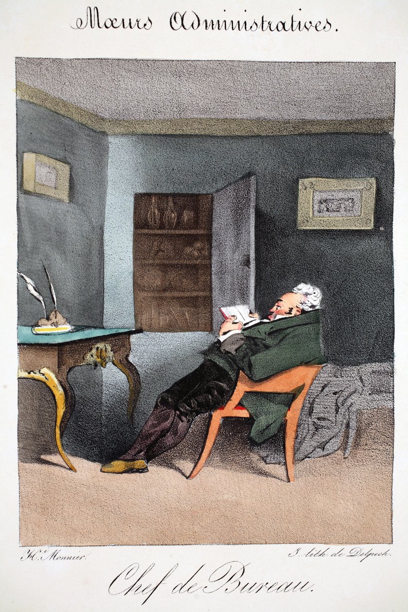 Kontorschef, illustration från "Mores Administratives, Dessinées enligt naturen" av Henri Monnier, litografi av Delpech, pub. Paris, ca 1828 (handfärgad litho) av Henri Bonaventure Monnier