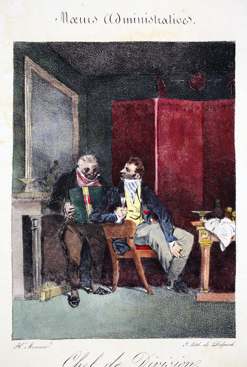 Avdelningschef, illustration från "Mores Administratives, Dessinées Enligt Nature" av Henri Monnier, litografi av Delpech, pub. Paris, ca 1828 (handfärgad litho) av Henri Bonaventure Monnier