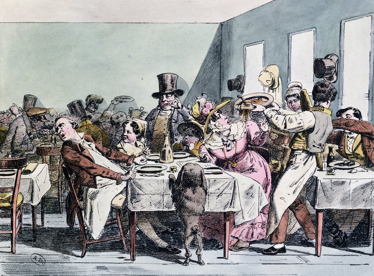Förtjusande upplevelse av en familj i en fullsatt restaurang, ca 1860 av Henri Bonaventure Monnier