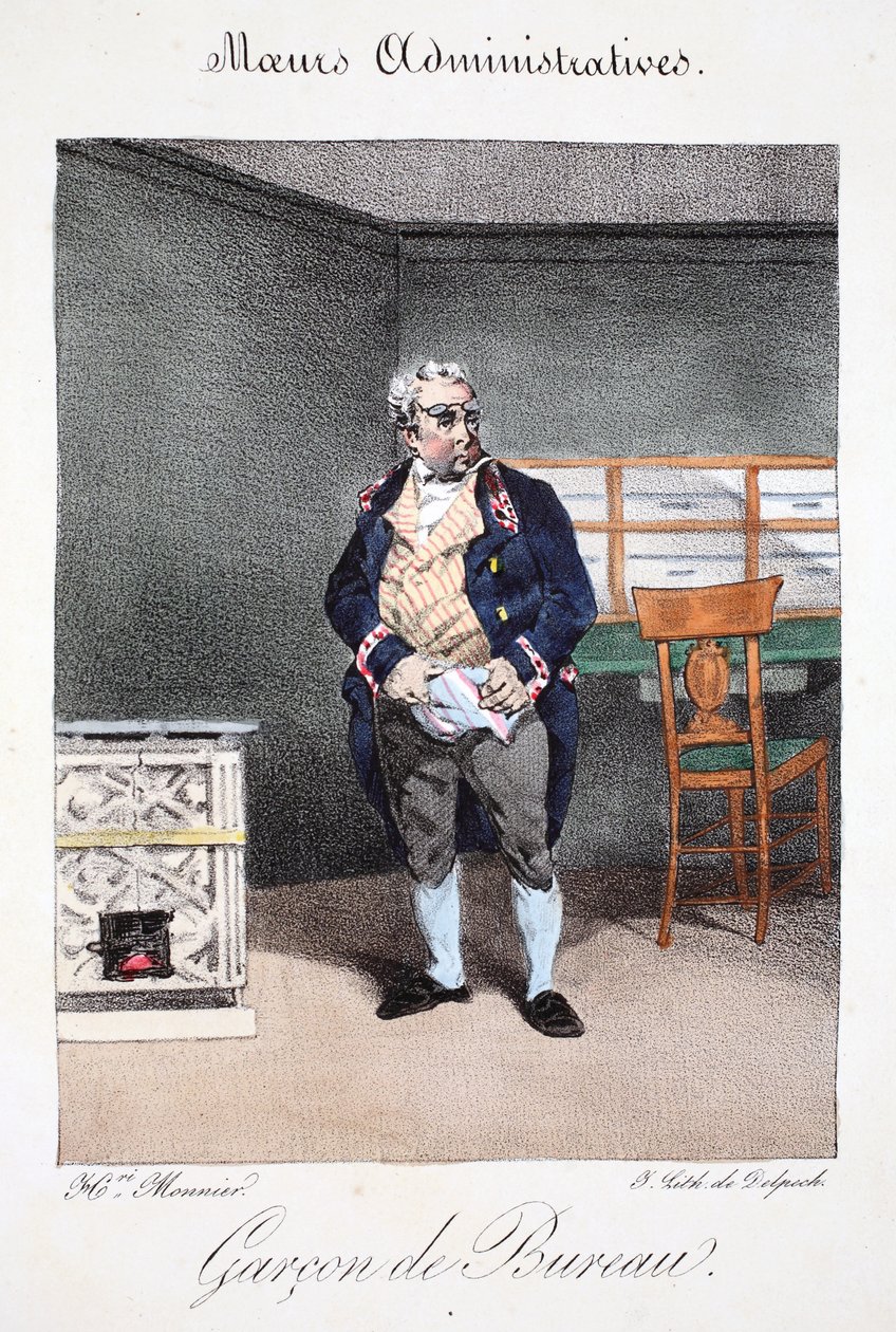 Kontorspojke, illustration från "Mores Administratives, Dessinées enligt naturen" av Henri Monnier, litografi av Delpech, pub. Paris, ca 1828 (handfärgad litho) av Henri Bonaventure Monnier
