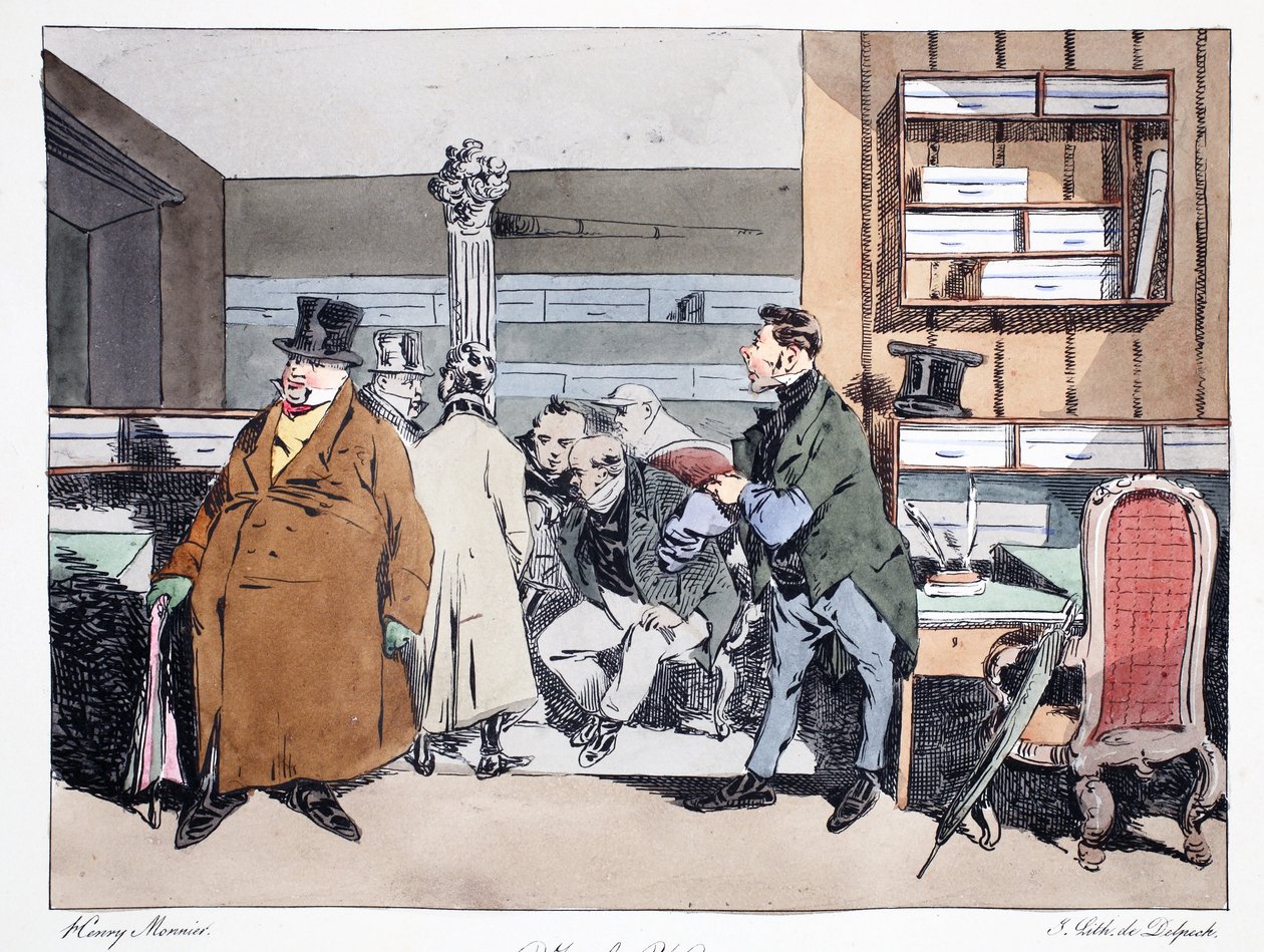 Illustration från "Mores Administratives, Dessinées enligt naturen" av Henri Monnier, lithographed av Delpech, pub. Paris, ca 1828 (handfärgad litho) av Henri Bonaventure Monnier
