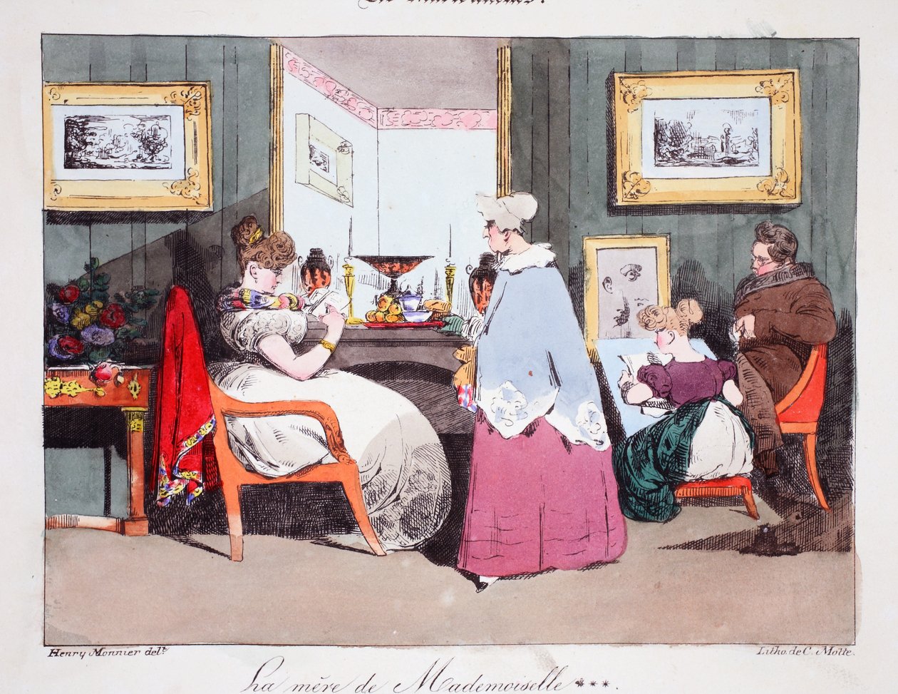 Mademoiselles mor, illustration från "Les Marionnettes" av Henri Monnier, litografi av Delpech, pub. Paris, ca 1828 (handfärgad litho) av Henri Bonaventure Monnier