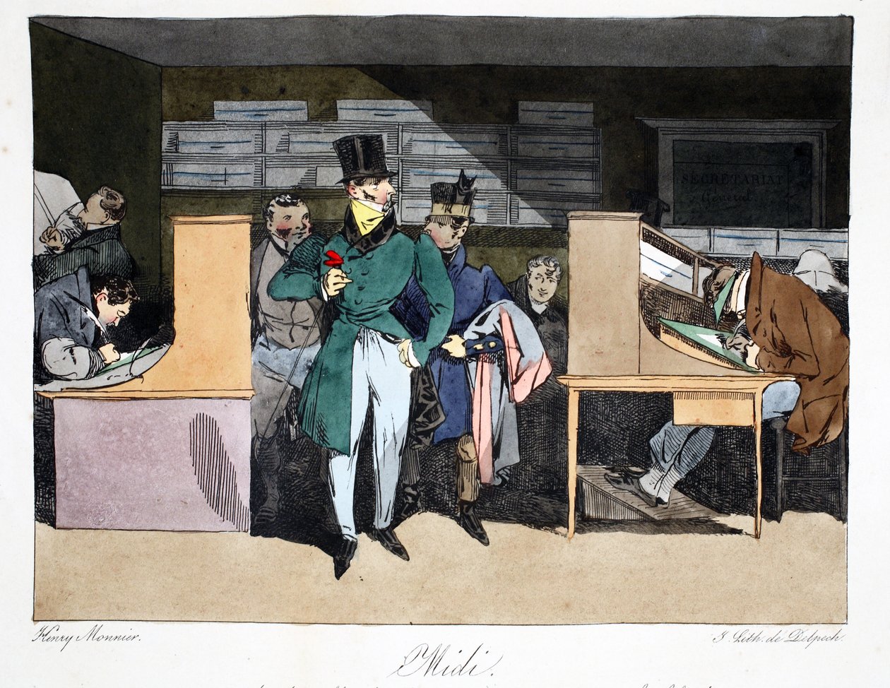 Midi, illustration från "Moeurs Administratives, Dessinées enligt naturen" av Henri Monnier, litografi av Delpech, pub. Paris, ca 1828 (handfärgad litho) av Henri Bonaventure Monnier
