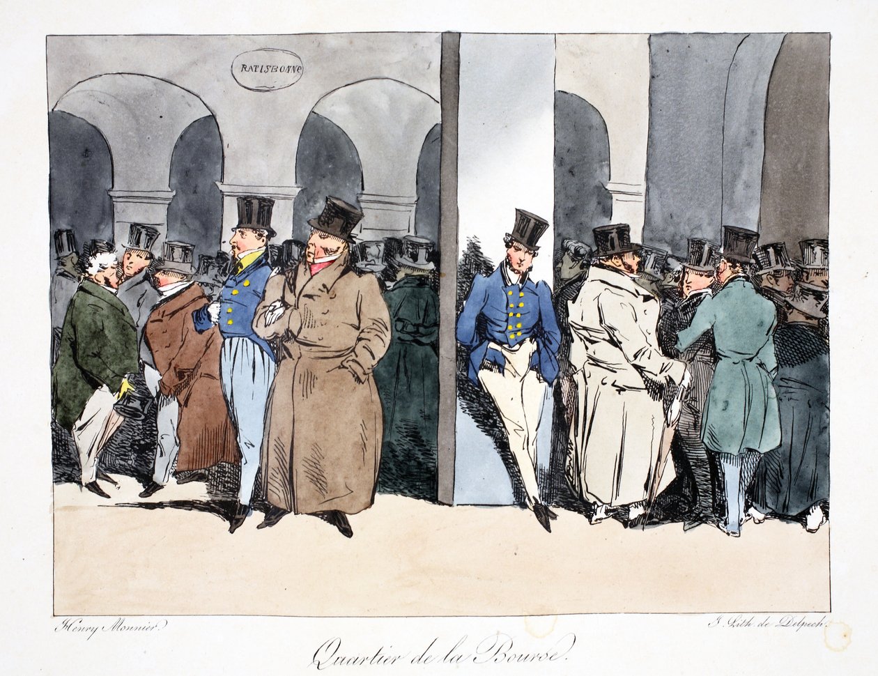 Quartier de la Bourse, illustration från "Six Quartiers de Paris" av Henri Monnier, litografi av F.S. Delpech, pub. Paris, ca 1828 (handfärgad litho) av Henri Bonaventure Monnier