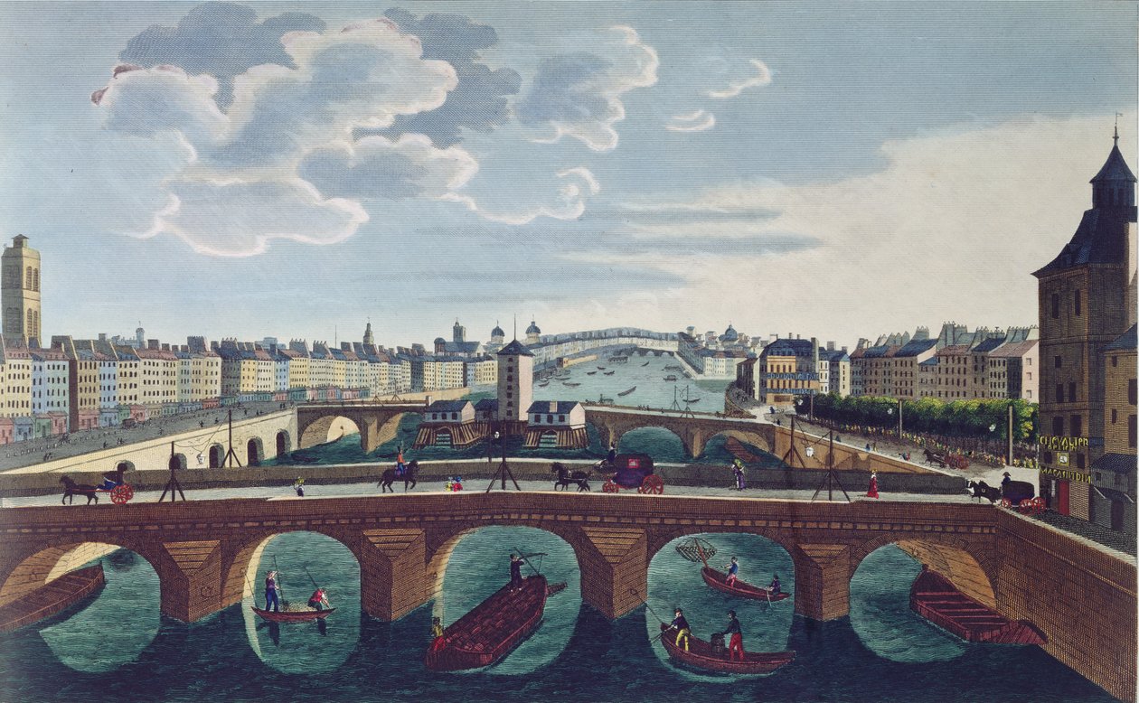 Pont au Change och Pont Notre Dame, ca 1815-20 (färggravyr) av Henri Courvoisier Voisin