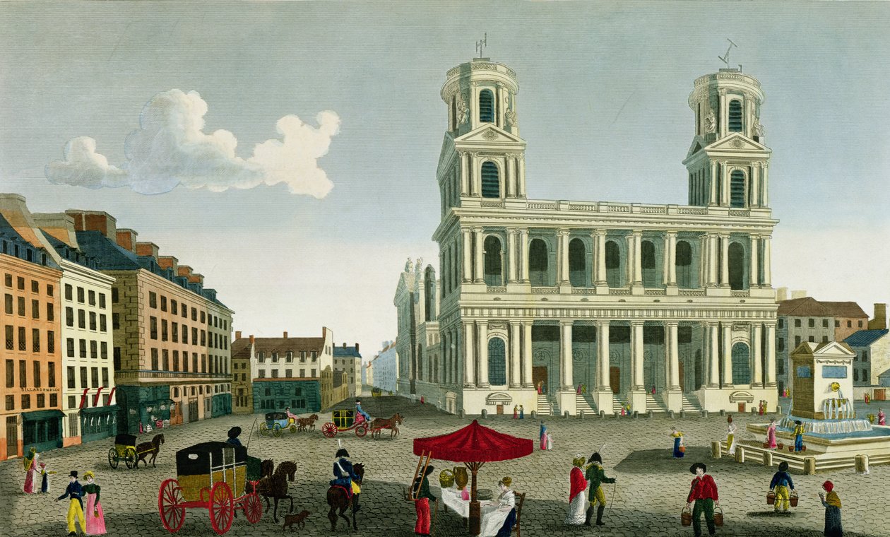 Utsikt över kyrkan Saint-Sulpice, graverad av Anne Rosalie Filleul (nee Bouquet) (1752-94) av Henri Courvoisier Voisin