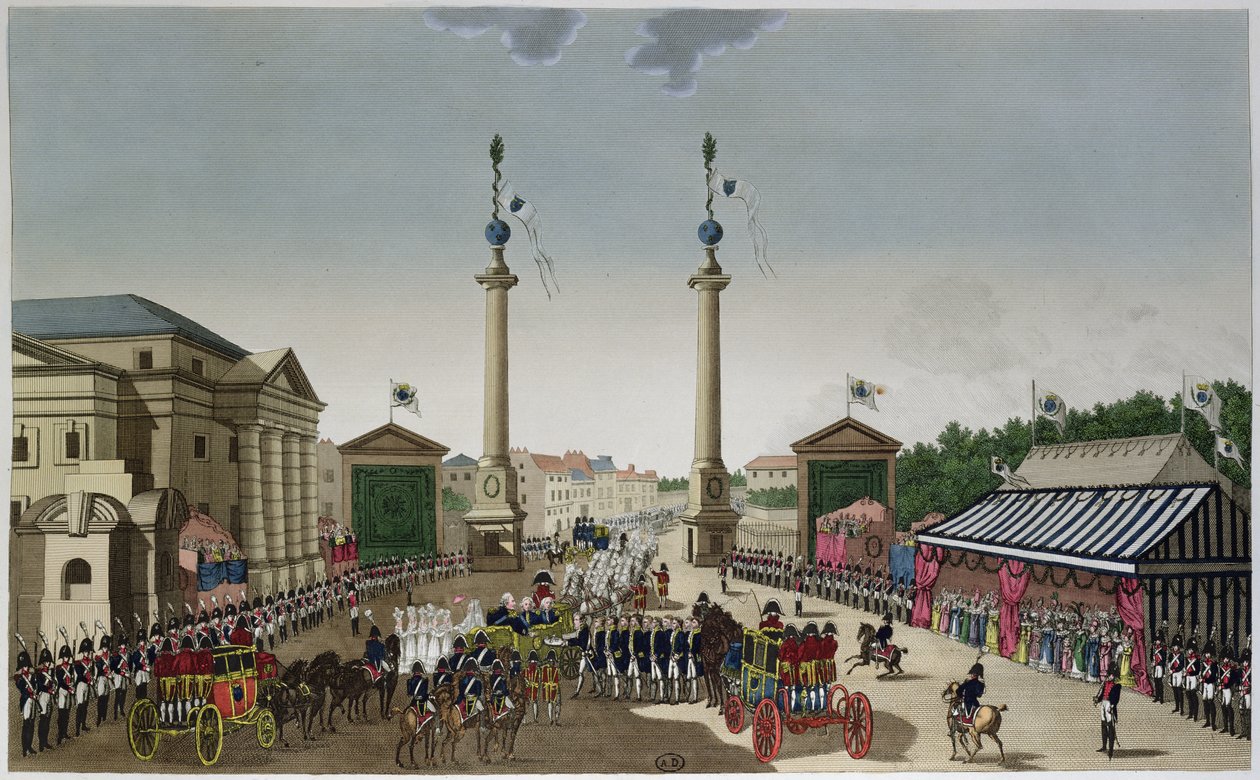 Presentation av Paris nycklar till kung Ludvig XVIII (1755-1824) vid Barriere Saint-Denis den 3 maj 1814, ca 1815-20 (färgstick) av Henri Courvoisier Voisin