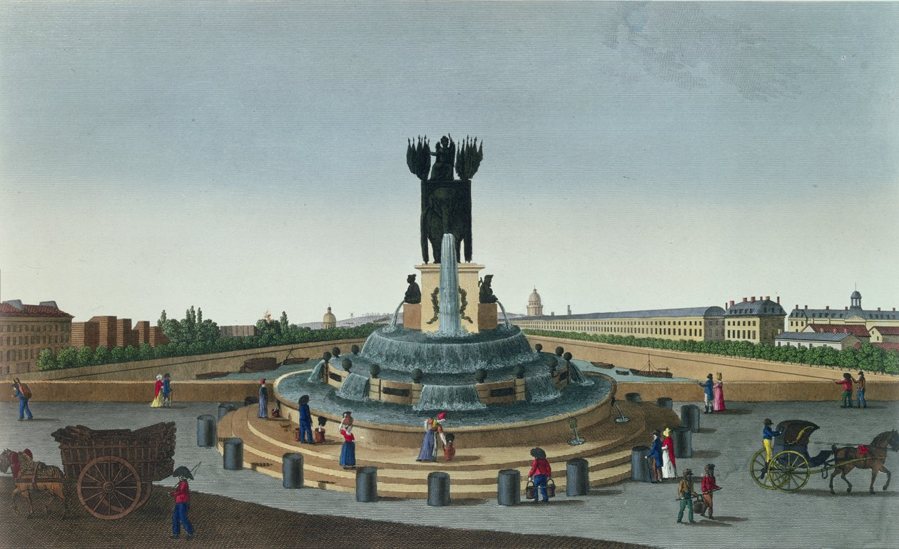 Elefantfontänen vid Place de la Bastille, ca 1815-20 (färggravyr) av Henri Courvoisier Voisin